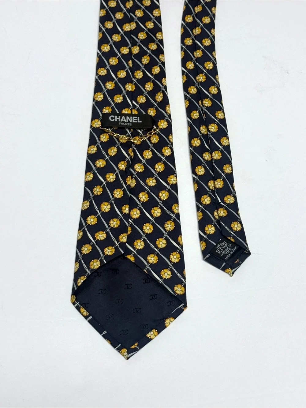 Vintage CHANEL Paris Silk Tie Navy Gold Floral Logo Ribbon Print Made In Italy